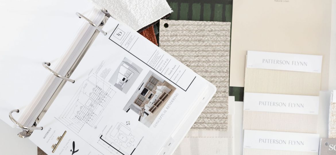 Interior design material board and conceptual renderings used during planning with custom home builders Phoenix to ensure cohesive selections and architectural alignment